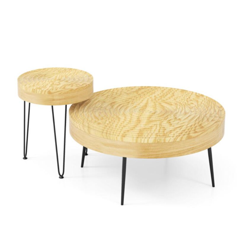 Hivvago Set of 2 Solid Wood Ring Pattern Farmhouse Round Coffee Tables