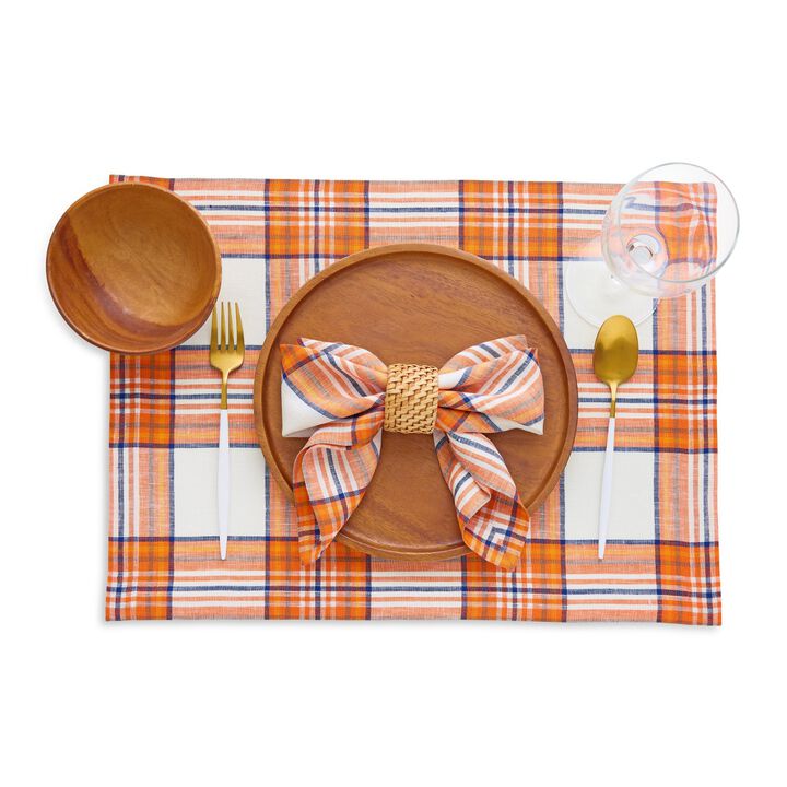 Solino Home 100% Pure Linen Plaid Placemats 14 x 19 Inch Set of 4