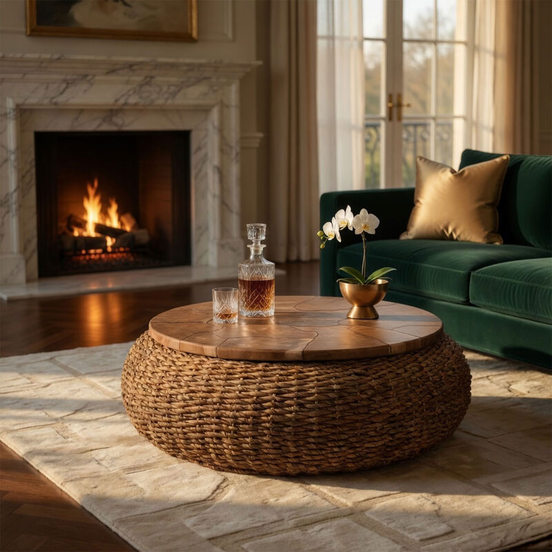 Jyra 47 Inch Round Coffee Table, Teak Wood Mosaic Top, Woven Banana Leaf Base, Natural Brown image number 1