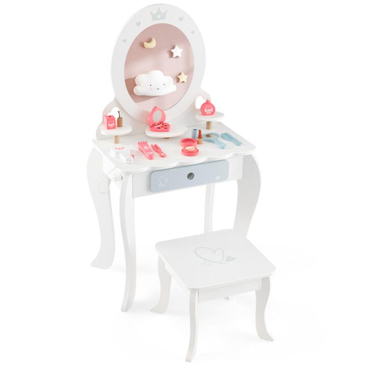 Hivvago Kids 2-in-1 Princess Makeup Table and Chair Set with Removable Mirror-White