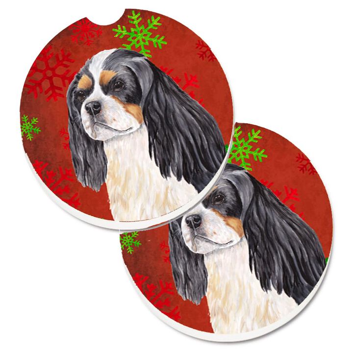 Caroline's Treasures Cavalier Spaniel Red & green Snowflakes Holiday Christmas Set of 2 Cup Holder Car Coasters SC9431CARC, 2.56, Multicolor