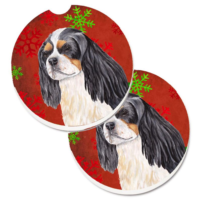 Caroline's Treasures Cavalier Spaniel Red & green Snowflakes Holiday Christmas Set of 2 Cup Holder Car Coasters SC9431CARC, 2.56, Multicolor image number 0