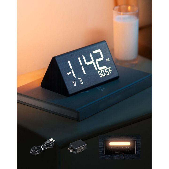 Digital Wooden Alarm Clock with Voice Control Dual Alarm USB Charger