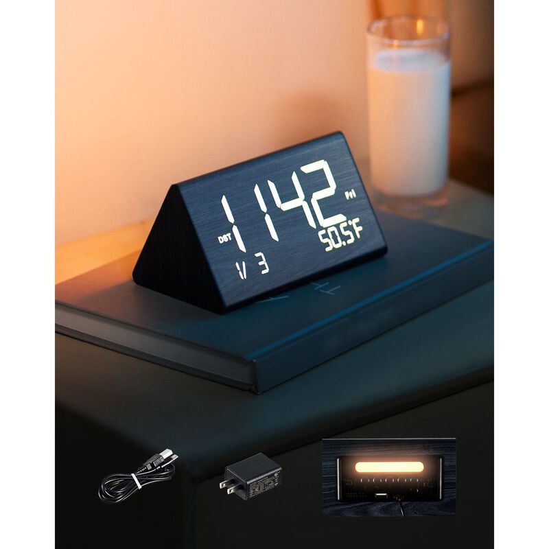 Digital Wooden Alarm Clock with Voice Control Dual Alarm USB Charger image number 1
