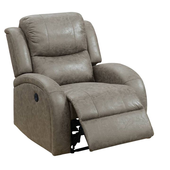 40 Inch Vegan Faux Leather Power Recliner with USB Port, Stone Gray - Benzara