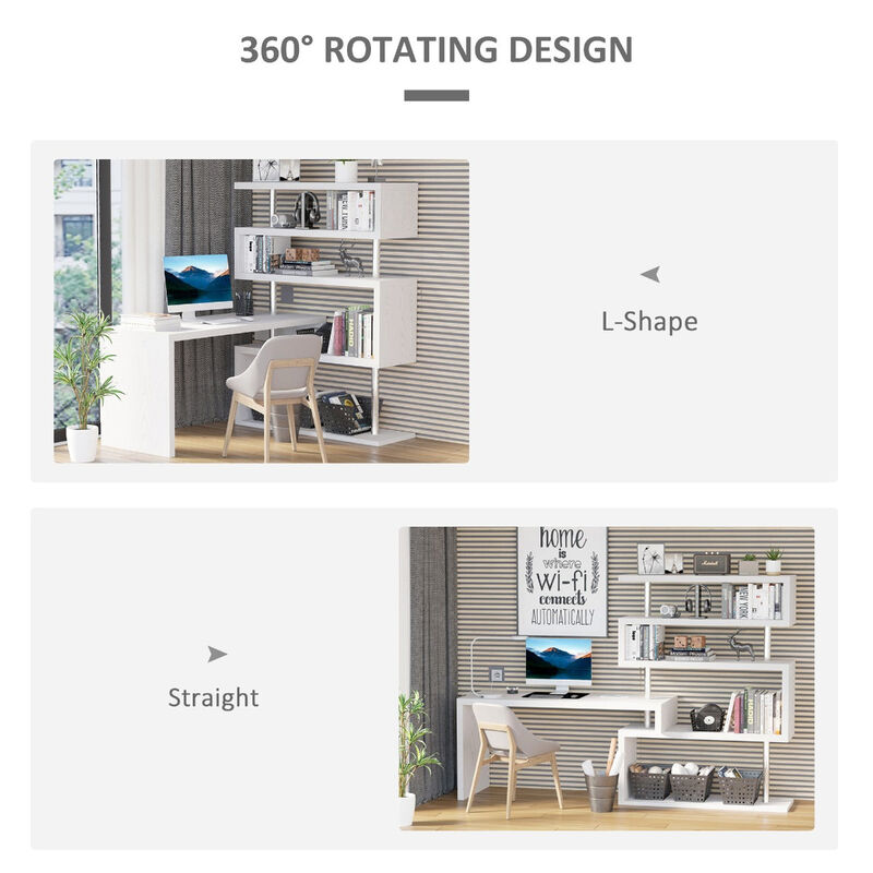Versatile Office Hub: White 5-Tier L-Shaped 360° Rotating Desk with Shelves