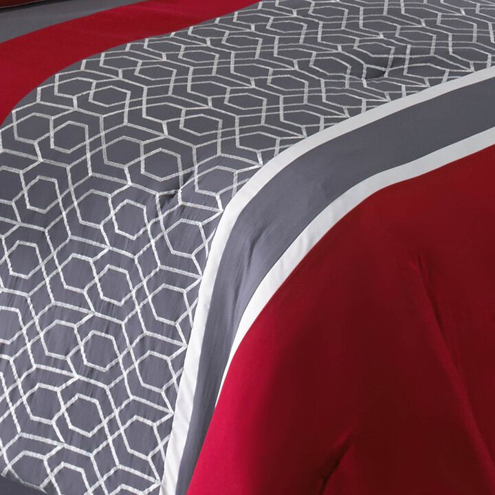 8 Piece King Comforter Set with Printed Trellis Pattern, Red-Benzara