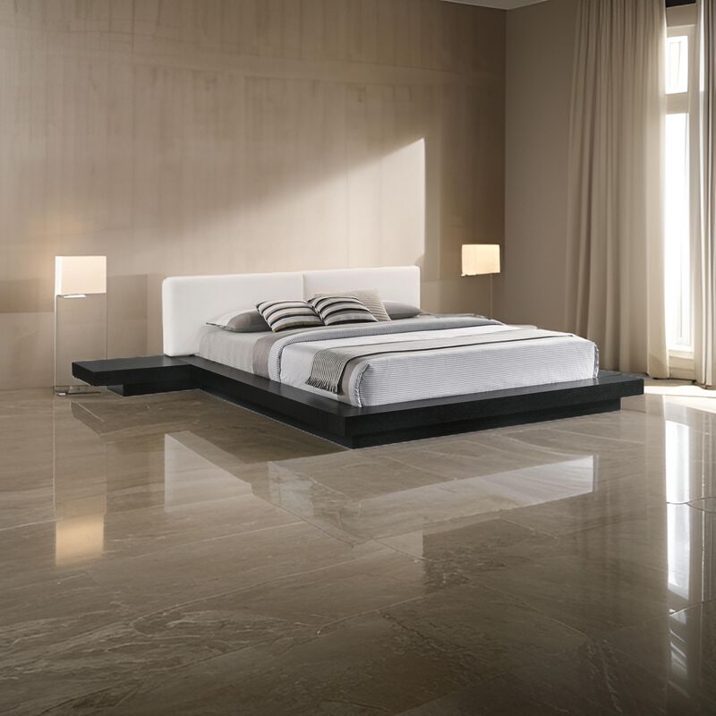 Nia Queen Size Bed, White Faux Leather, Black Low Profile Platform Bed - Benzara