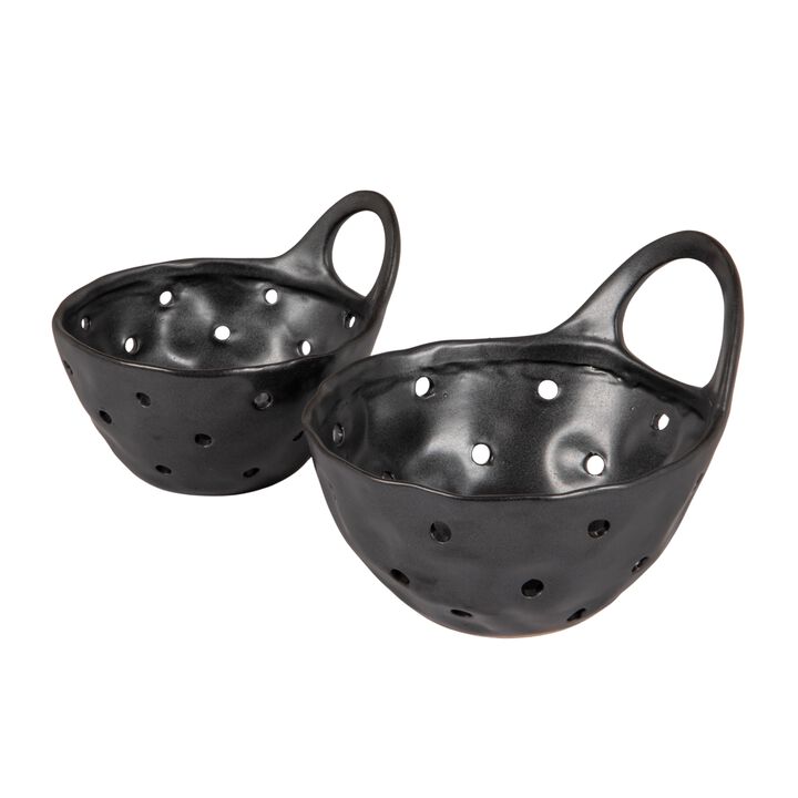 Set of 2 Black Reactive Glaze Stoneware Colanders