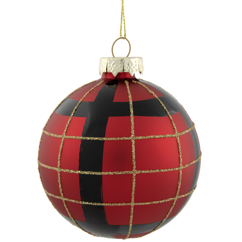 4ct Red  Black and Gold Plaid Glass Ball Christmas Ornaments 3.25" image number 5