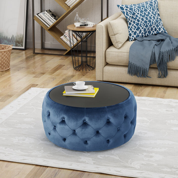Streamdale Modern Glam Velvet Ottoman with Button-Tufted Stitch and Glass Top
