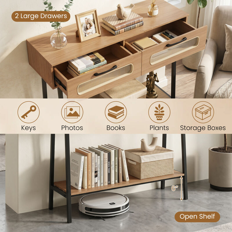 Entryway Console Table with LED Lighting and Open Display Shelf-Natural image number 4