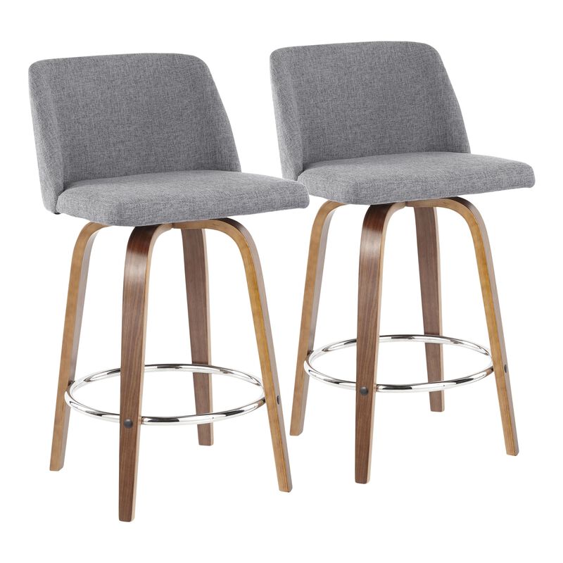 Toriano Mid-Century Modern Counter Stool in Walnut and Grey Fabric by LumiSource - Set of 2