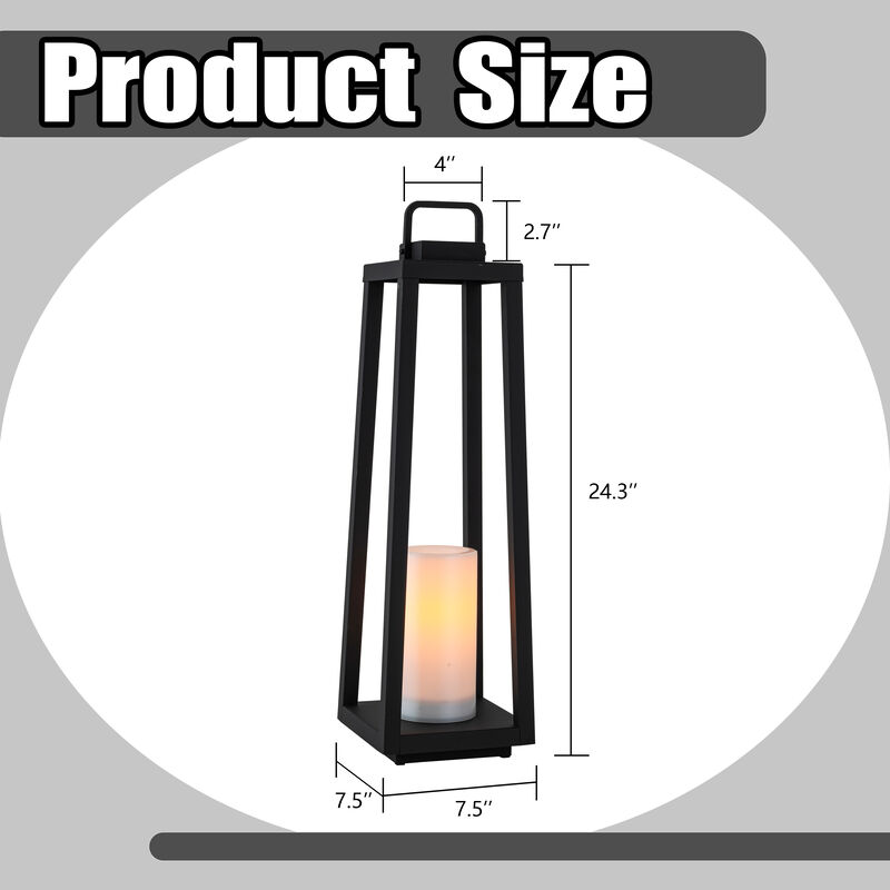 1 Light H24" Modern Matte Black Solar Lantern with Candle Shape Large Outdoor Light Decorative Portable Hanging LED Lights for Patio Camping image number 5