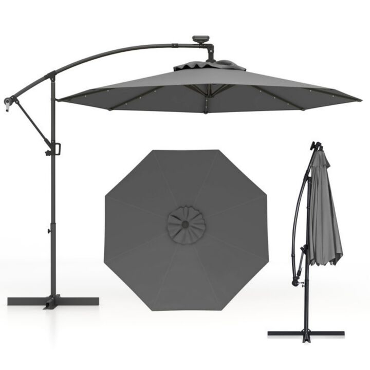 10 Feet 360&deg; Rotation Solar Powered LED Patio Offset Umbrella without Weight Base-Gray