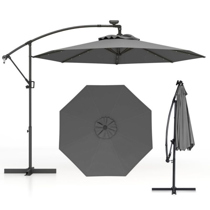 10 Feet 360&deg; Rotation Solar Powered LED Patio Offset Umbrella without Weight Base-Gray image number 0