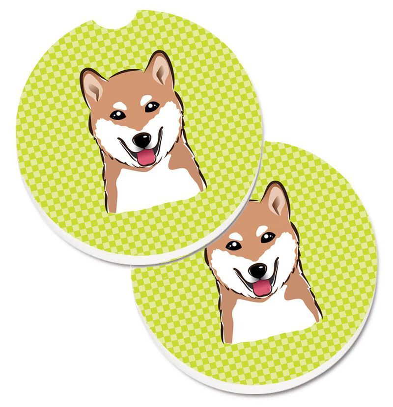 Caroline's Treasures Checkerboard Lime green Shiba Inu Set of 2 Cup Holder Car Coasters BB1287CARC, 2.56, Multicolor