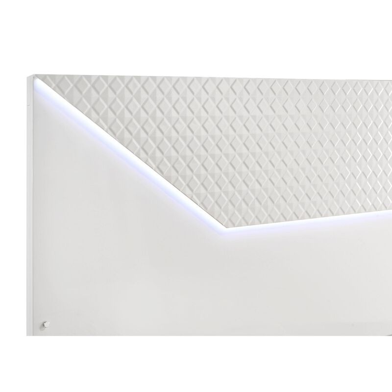 Ivon Queen Bed, 3D Embossed LED Headboard, Glossy White Solid Wood - Benzara