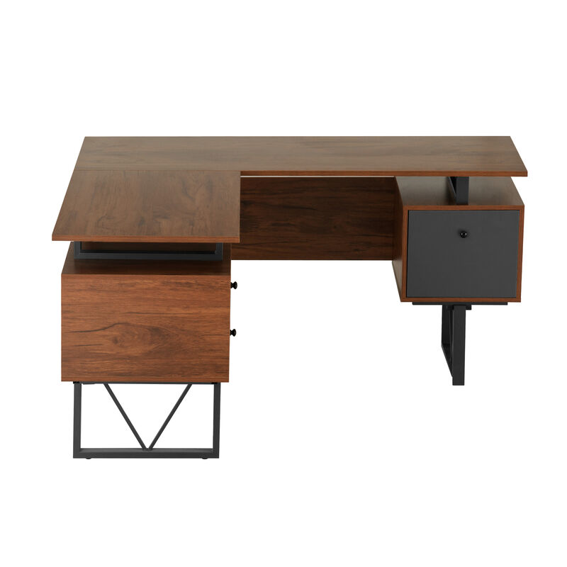 Reversible L-SHAPED Computer Desk with Drawers and File Cabinet, Walnut