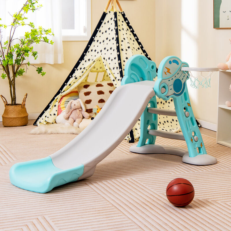 3-in-1 Folding Slide Playset with Basketball Hoop and Mini Basketball