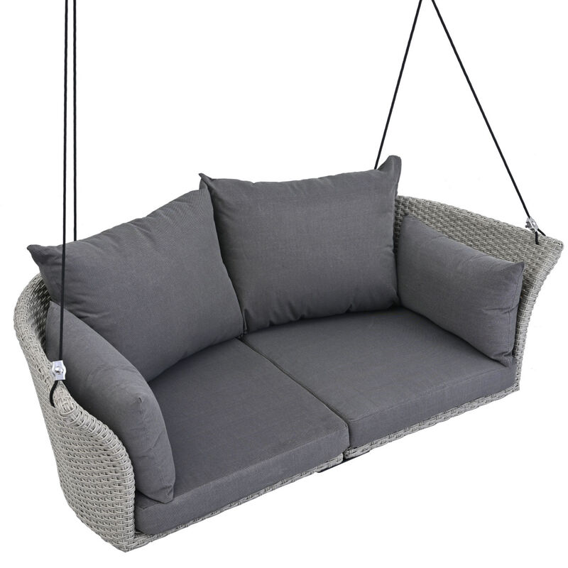 51.9" 2-Person Hanging Seat, Rattan Woven Swing Chair, Porch Swing With Ropes, Gray Wicker And Cushion image number 1
