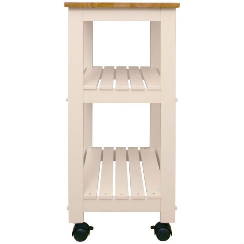 White Kitchen Microwave Cart with Butcher Block Top & Locking Casters