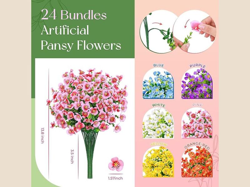 24 Bundle Artificial Pansy Flowers UV Resistant Outdoor Window Box Decor image number 2