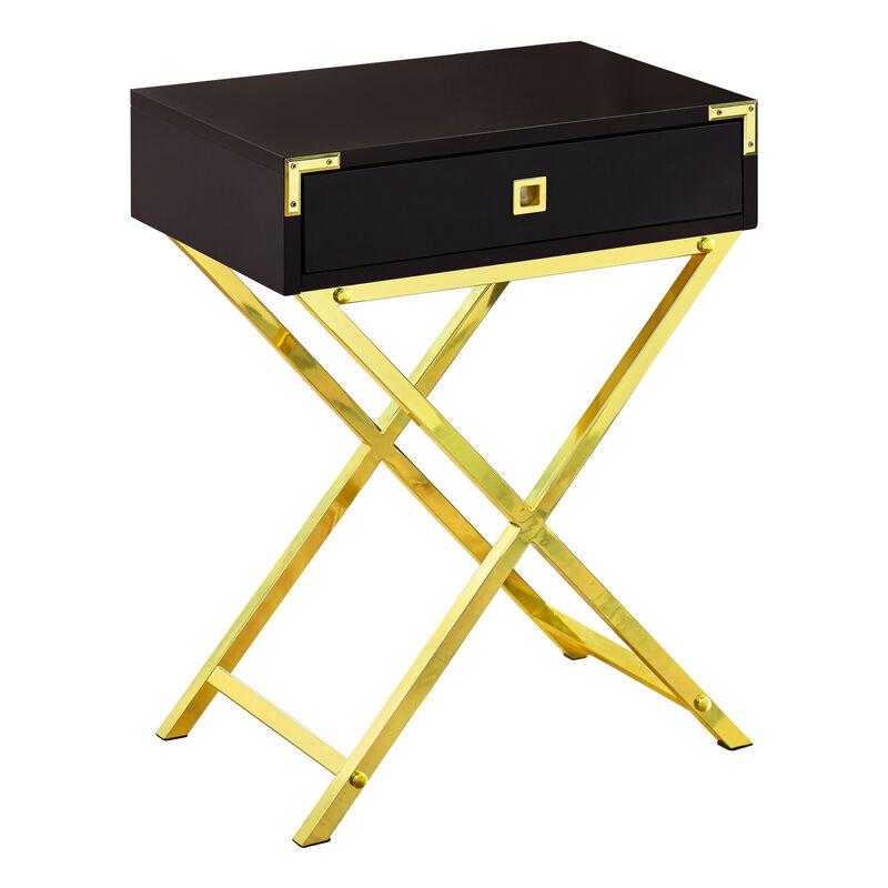 Monarch Specialties I 3556 Accent Table, Side, End, Nightstand, Lamp, Storage Drawer, Living Room, Bedroom, Metal, Laminate, Brown, Gold, Contemporary, Modern