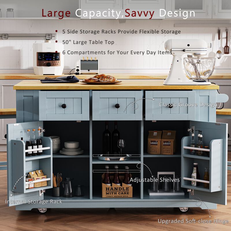 TATEUS 53inch Large Kitchen Island,Rolling Kitchen Cart