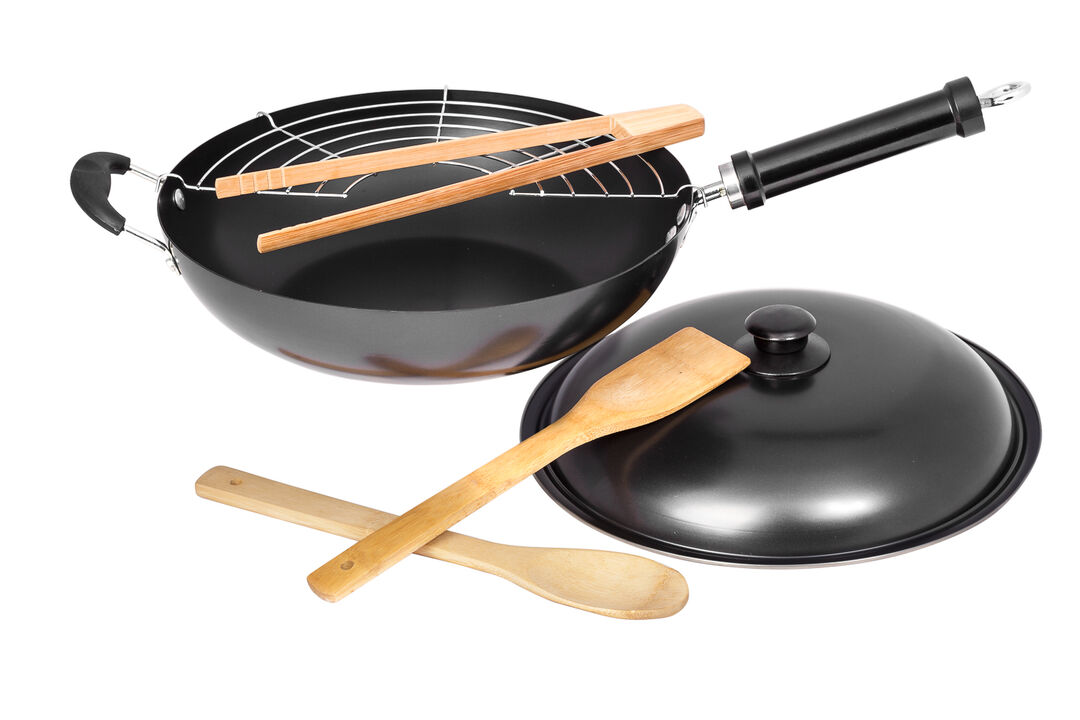 12 in. Carbon Steel 6 pc. Wok Set with Bamboo Stir Fry Tools