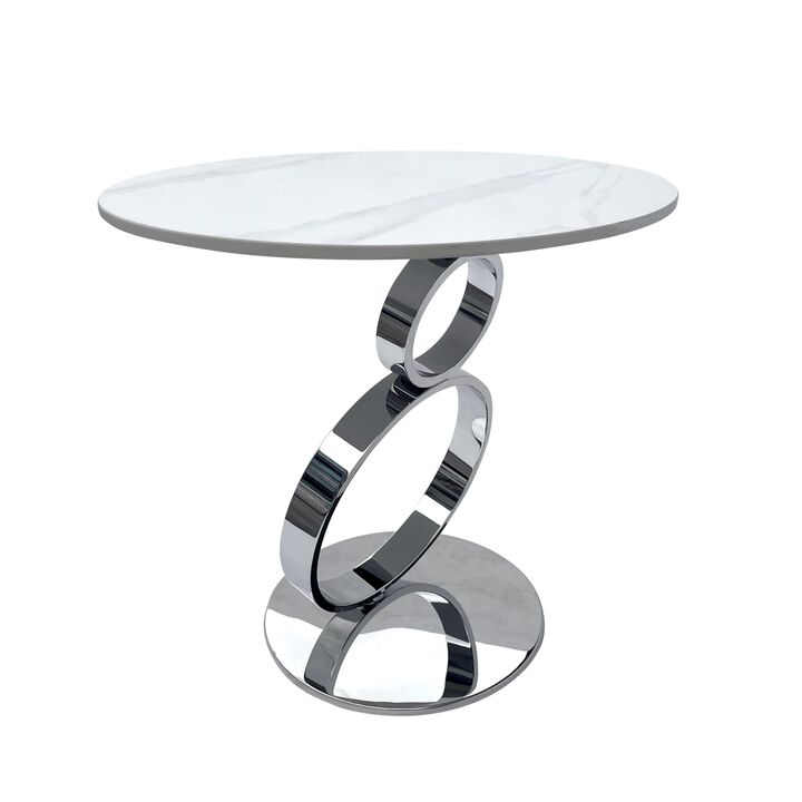 Benjara Tiyo 22 Inch Accent End Table, Round Sintered Stone Top, Silver Steel, White and Chrome