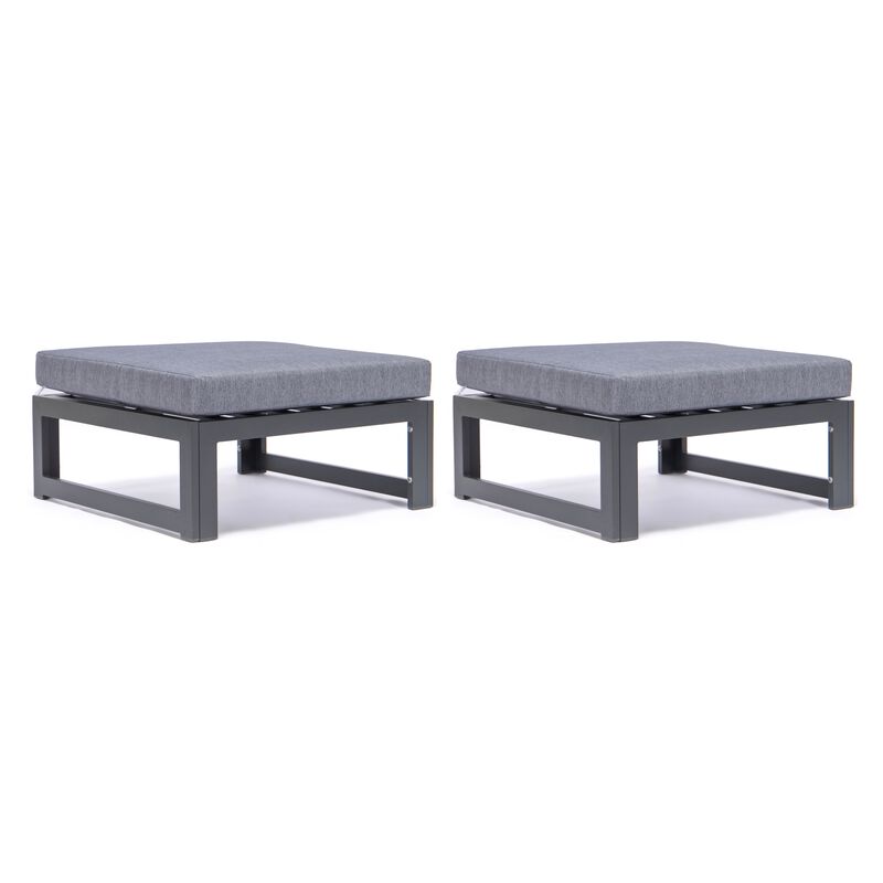 LeisureMod Chelsea Set of 2 Outdoor Patio Ottomans, Black Aluminum with Cushions, Weather-Resistant Footstools for Garden or Deck
