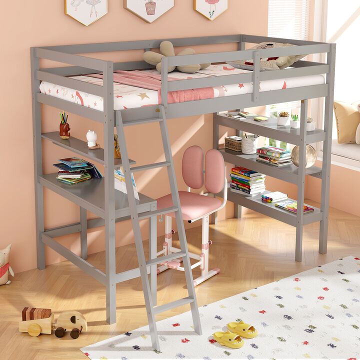 Twin Size Loft Bed with Desk and Bookshelves for Kids and Teens