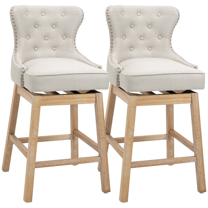 HOMCOM Upholstered Fabric Bar Height Bar Stools, 180° Swivel Nailhead-Trim Pub Chairs, 30" Seat Height with Rubber Wood Legs, Set of 2, Cream