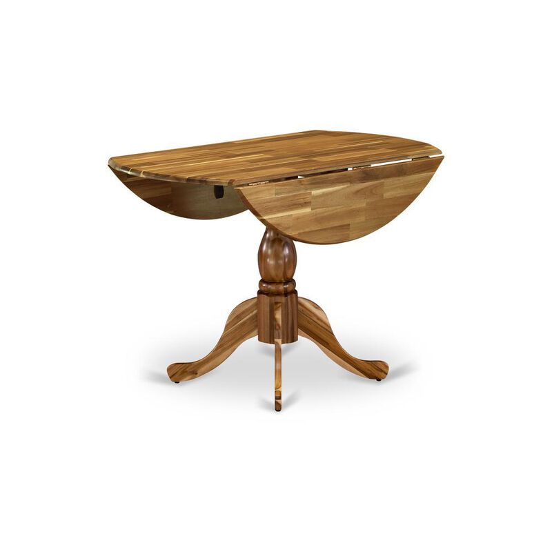 Round Modern Dining Table Natural Acacia Color Table Top Surface and Asian Wood Modern Dining Table Pedestal Legs -Natural Acacia Finish