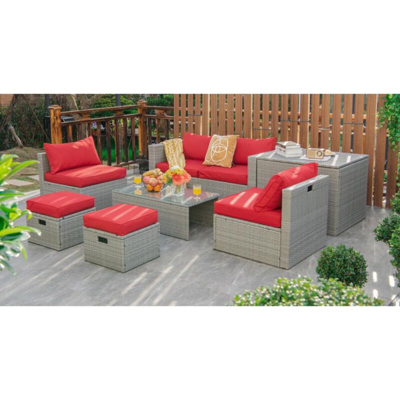 Hivvago 8 Pieces Patio Rattan Furniture Set with Storage Waterproof Cover and Cushion