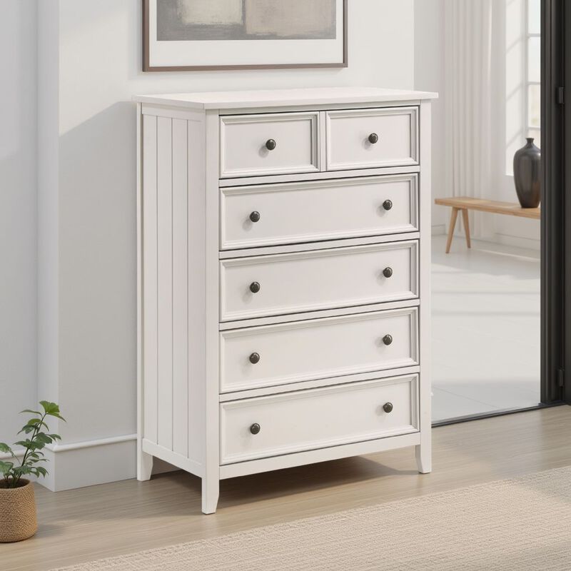 Etgo Tall Dresser Chest, White Melamine Veneer, 5 Drawers - Benzara