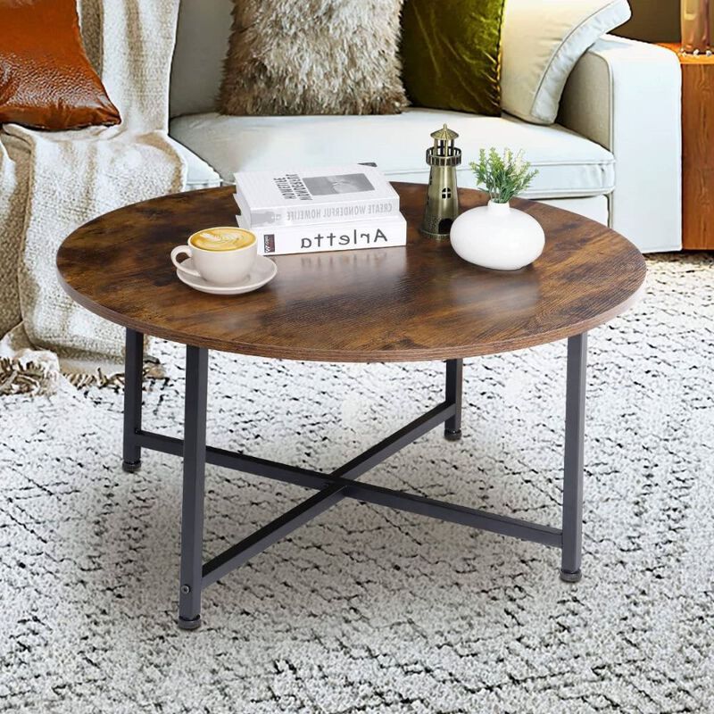 Hivvago Modern Round Industrial Coffee Table with Rustic Brown Wood Top