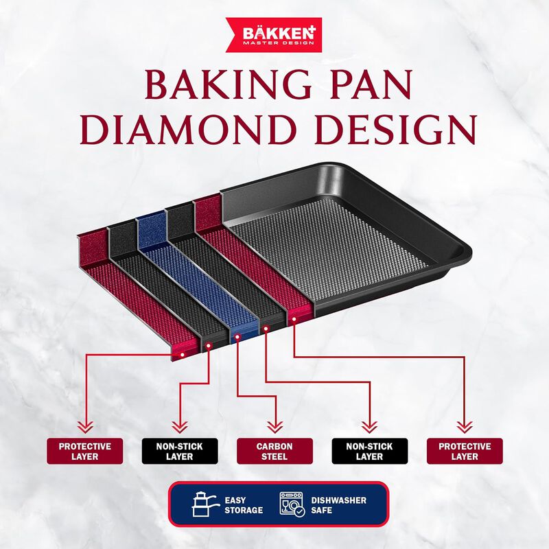 BAKKEN Kitchen Baking Pans - Small, Medium, and Large Cookie Pan (13.58&times;9.65, 15.75&times;11, 17.91&times;12.60), Nonstick, Diamond Texture Bottom