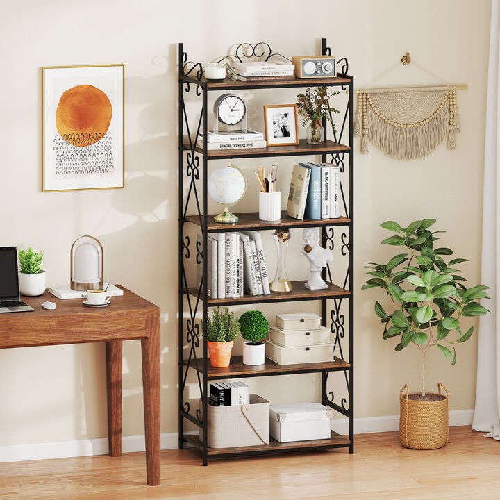 6 Tier Bookshelf with Industrial Metal Frame and 2 Anti Tipping Kits-Rustic Brown
