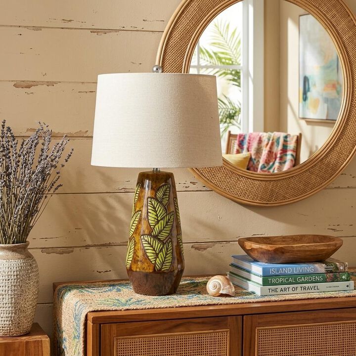 HomeRoots 29" Brown Ceramic Cylinder Table Lamp With Tan Empire Shade
