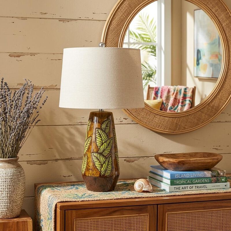 HomeRoots 29" Brown Ceramic Cylinder Table Lamp With Tan Empire Shade image number 1