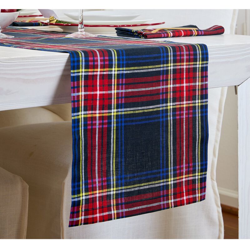 Solino Home Stewart Plaid 100% Linen Table Runner &ndash; Handcrafted, Machine Washable, Perfect for Holiday and Everyday Dining