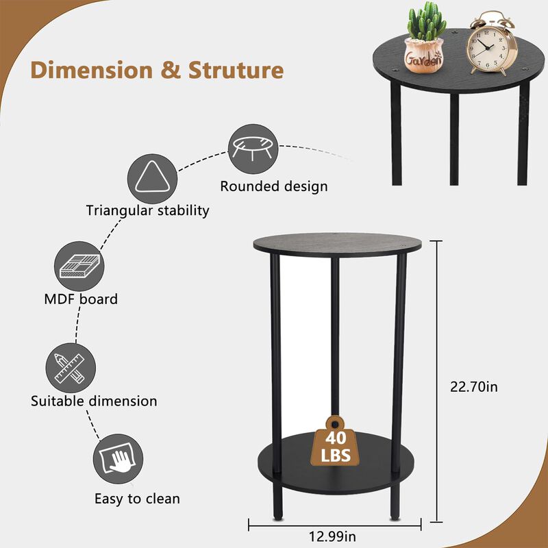Small Round Side Table, End Tables Living Room Set of 2, Black End Table for Bedrooms, Small Side Table for Small Spaces,2 Tiers