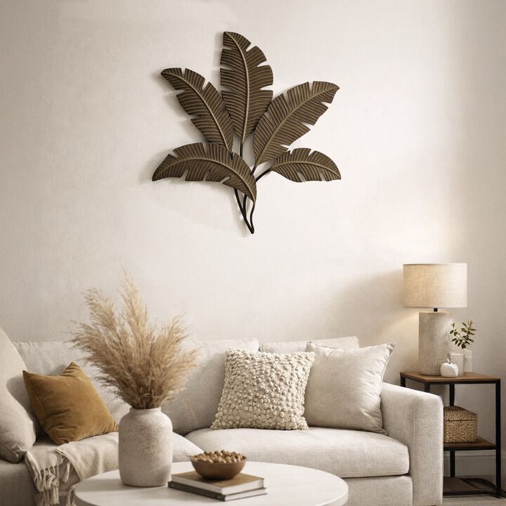 35 Inch Tropical Metal Palm Leaf Wall Mount Accent Decor, Brushed Green, Antique Yellow, Black