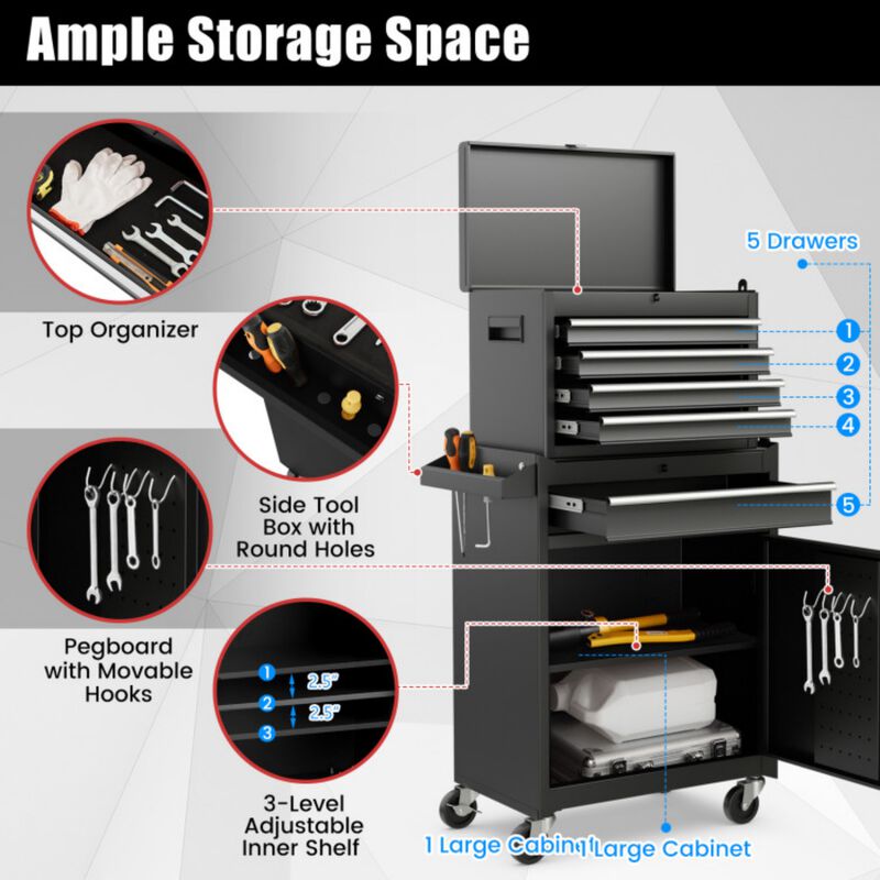 2-in-1 Rolling Tool Chest with 5 Lockable Sliding Drawers, Detachable Metal Tool Cabinet on Wheels image number 4