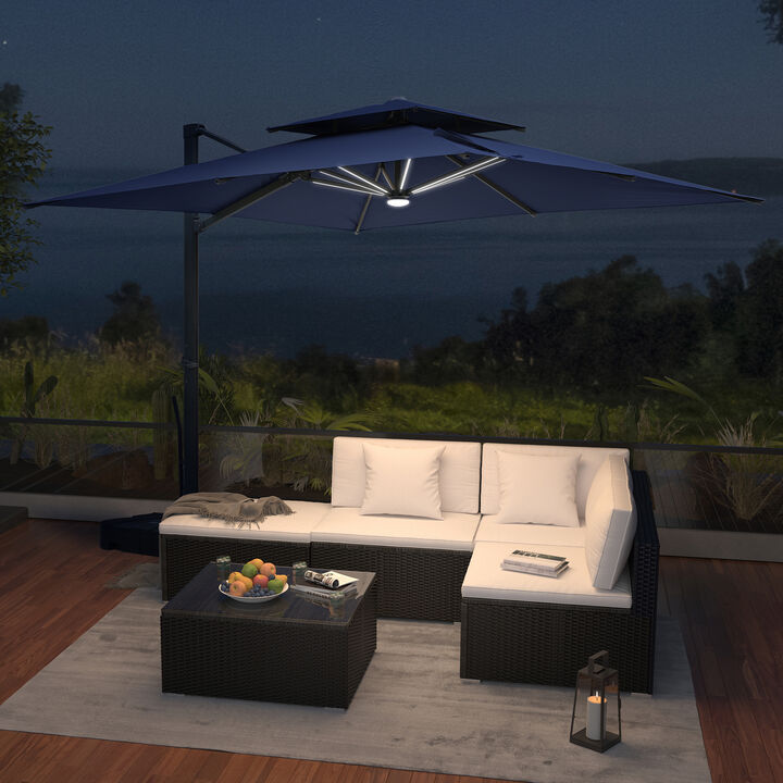 MONDAWE 10ft Patio Double Top Bright Umbrella Removable LED With Base Stand Included, Navy