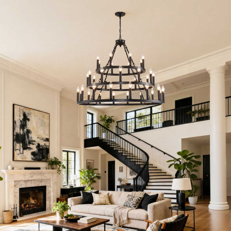 ELEMENT ACE 3-Tier Wagon Wheel 36-Light Adjustable Height Chandelier Hanging Light Fixture for High Ceiling Living Dining Room Foyer Entryway Kitchen Island Bar image number 8