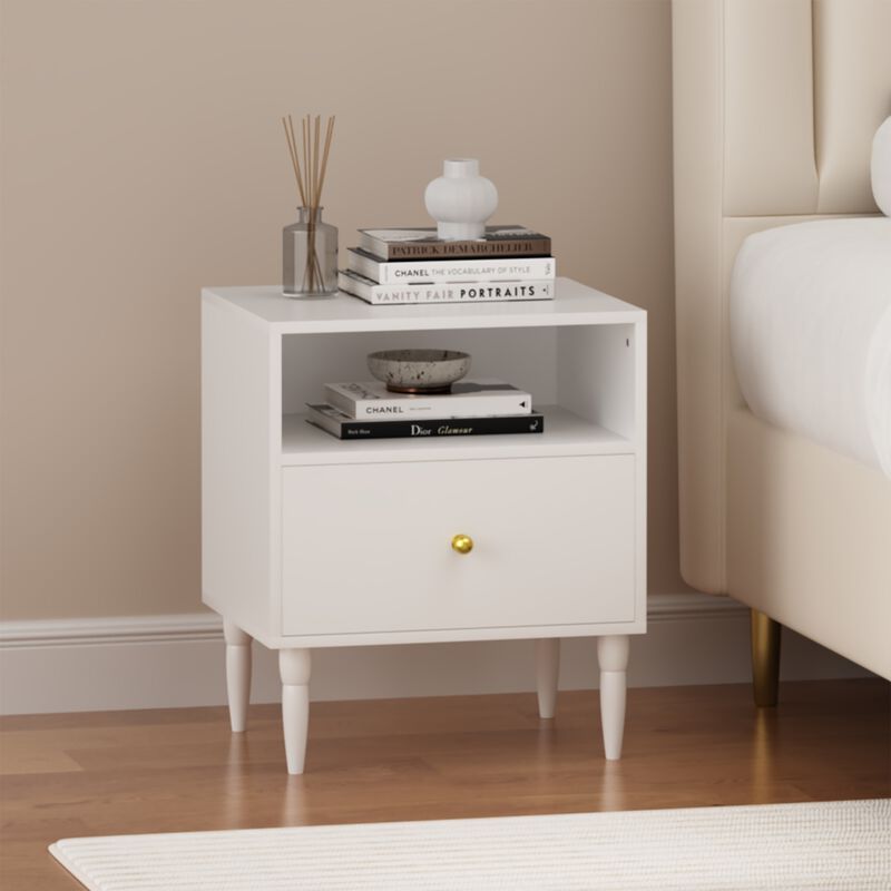 23.6" Assembled White Nightstand 1-Drawer 1-Shelf Gold Knob image number 2