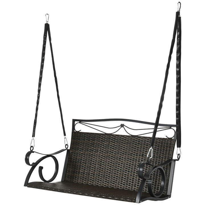 Outsunny PE Wicker Porch Swing, 2-Seater Hanging Swing Bench with Chains, 528 LBS Weight Capacity, Flourishes, Brown
